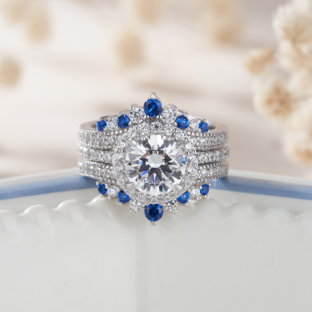 Round Cut Diamond White Insert Sterling Silver Halo Jacket Bridal Sets