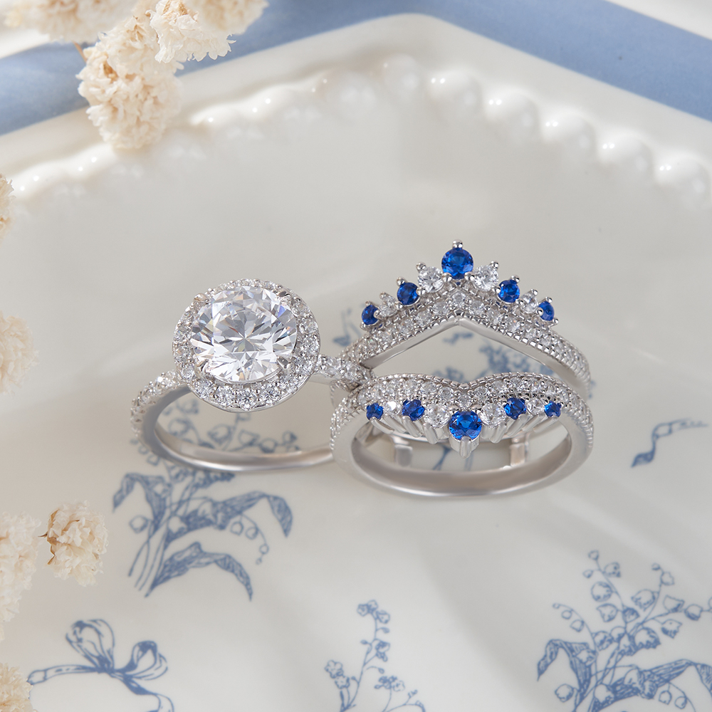 Round Cut Diamond White Insert Sterling Silver Halo Jacket Bridal Sets