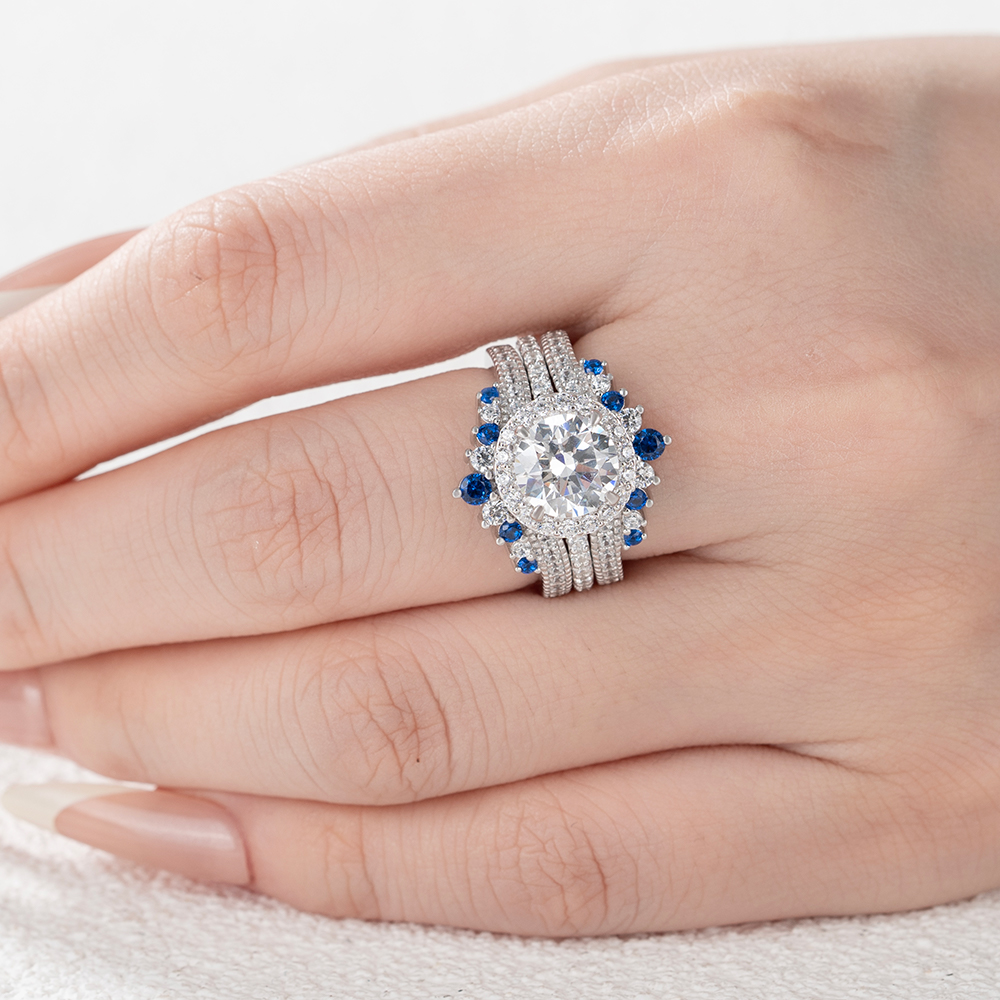 Round Cut Diamond White Insert Sterling Silver Halo Jacket Bridal Sets