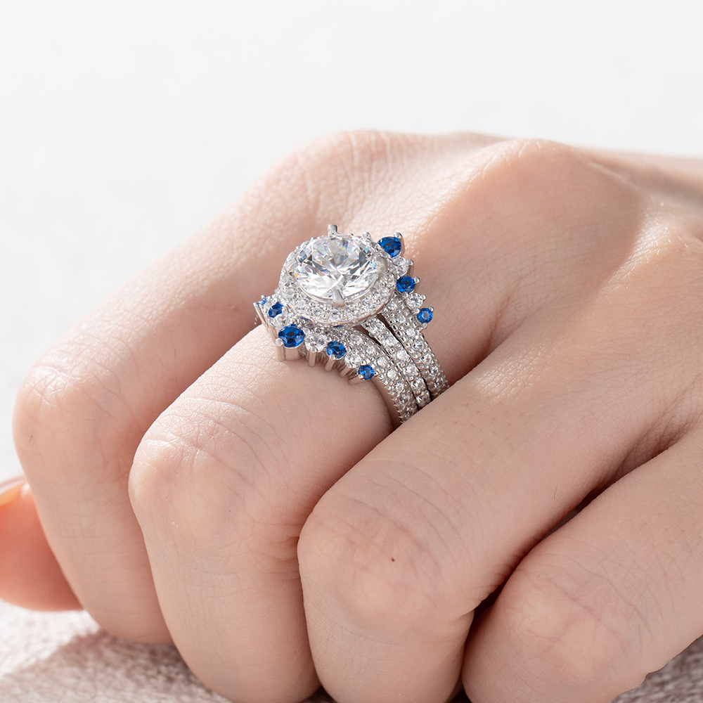 Round Cut Diamond White Insert Sterling Silver Halo Jacket Bridal Sets