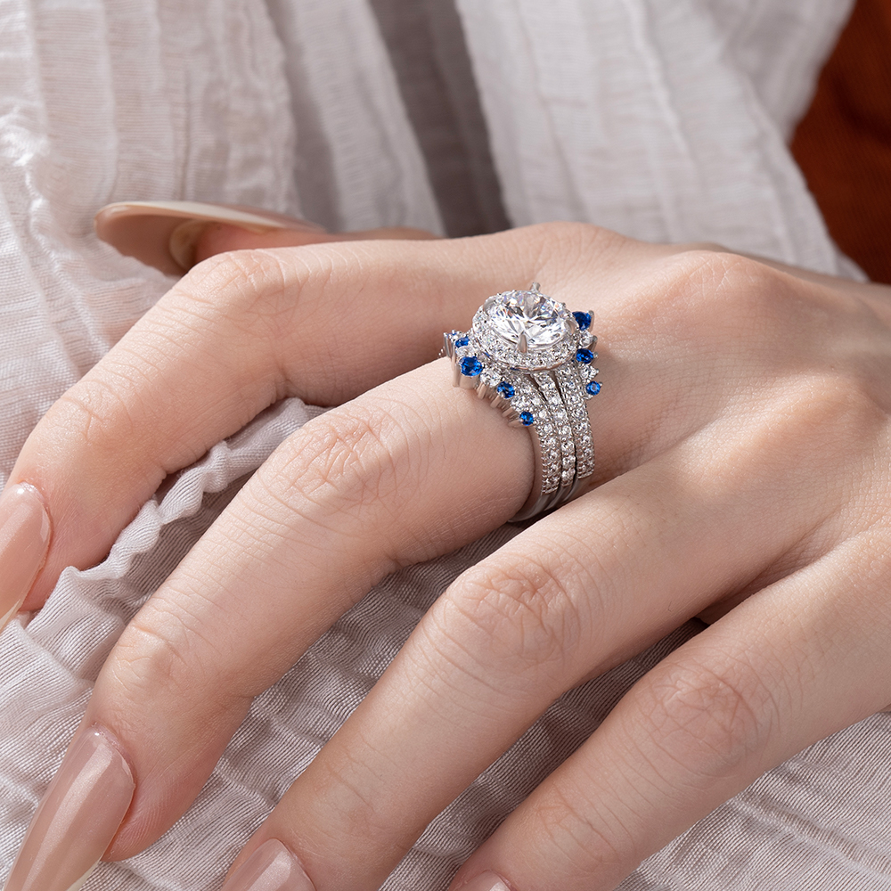 Round Cut Diamond White Insert Sterling Silver Halo Jacket Bridal Sets