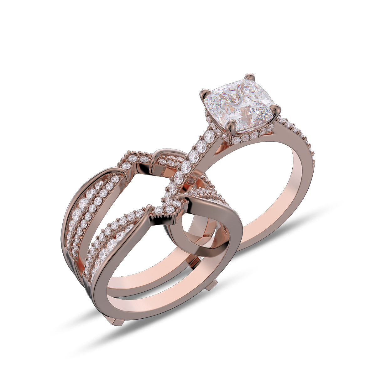 Cushion Cut Diamond White Insert Sterling Silver Hidden Halo Jacket Bridal Sets