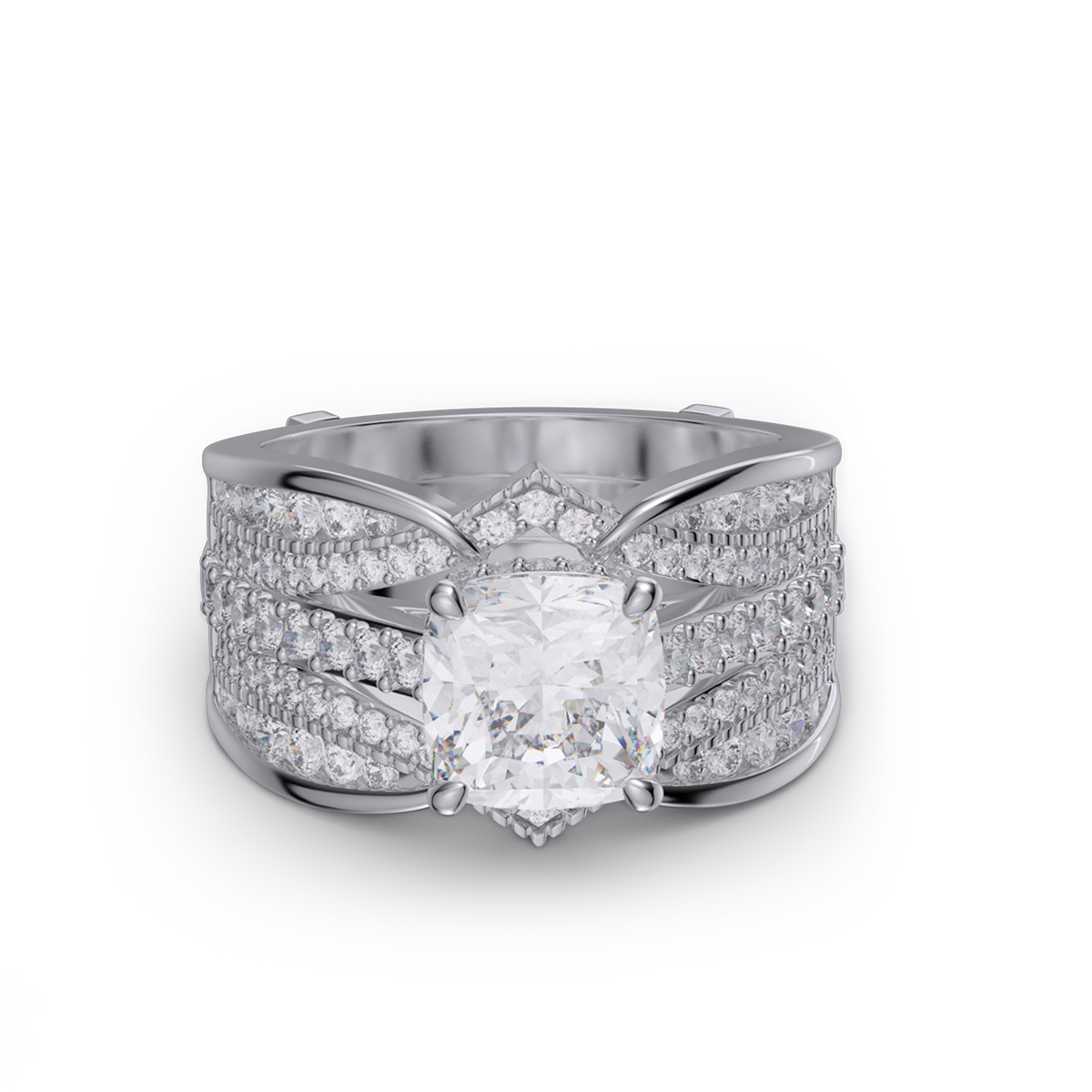 Cushion Cut Diamond White Insert Sterling Silver Hidden Halo Jacket Bridal Sets