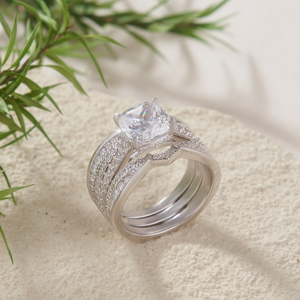 Cushion Cut Diamond White Insert Sterling Silver Hidden Halo Jacket Bridal Sets