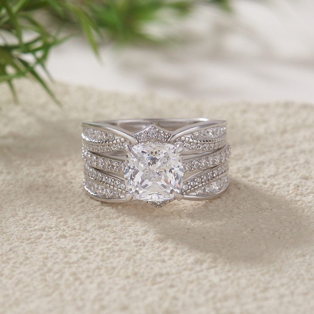 Cushion Cut Diamond White Insert Sterling Silver Hidden Halo Jacket Bridal Sets