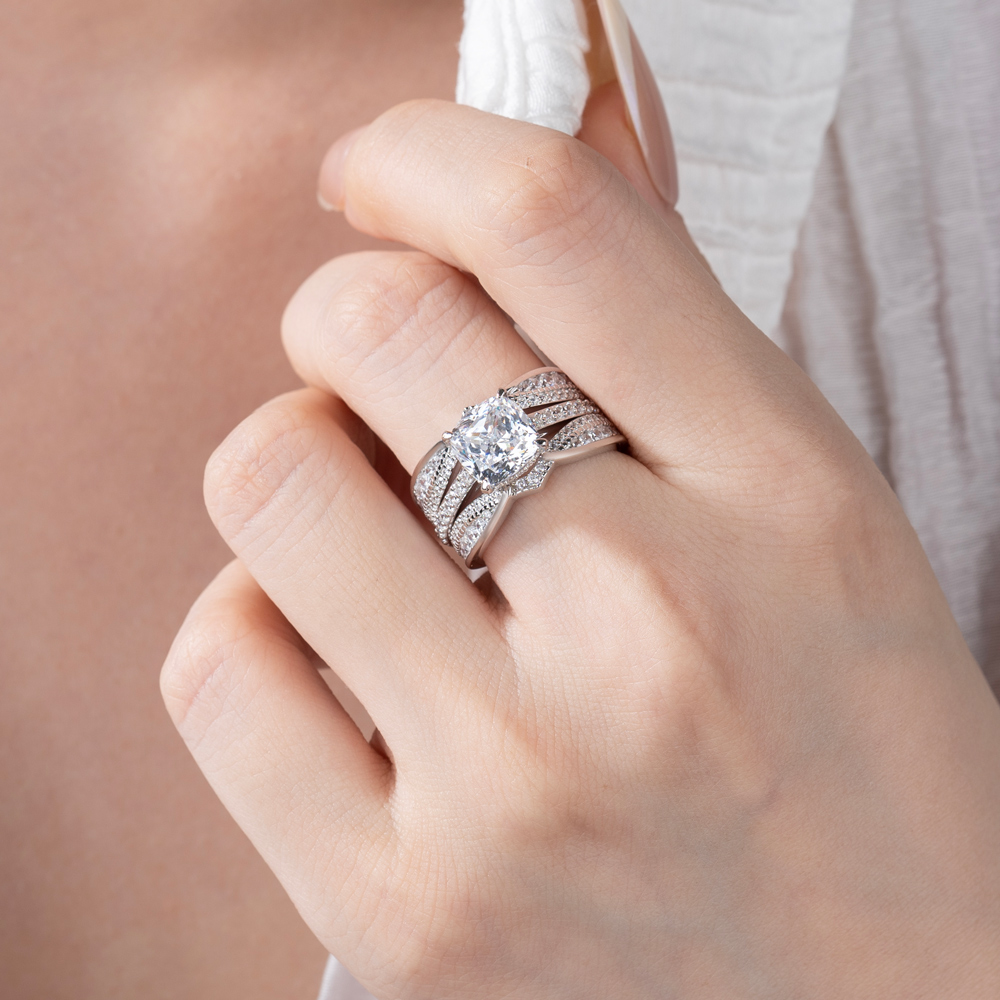 Cushion Cut Diamond White Insert Sterling Silver Hidden Halo Jacket Bridal Sets