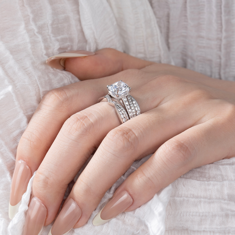 Cushion Cut Diamond White Insert Sterling Silver Hidden Halo Jacket Bridal Sets