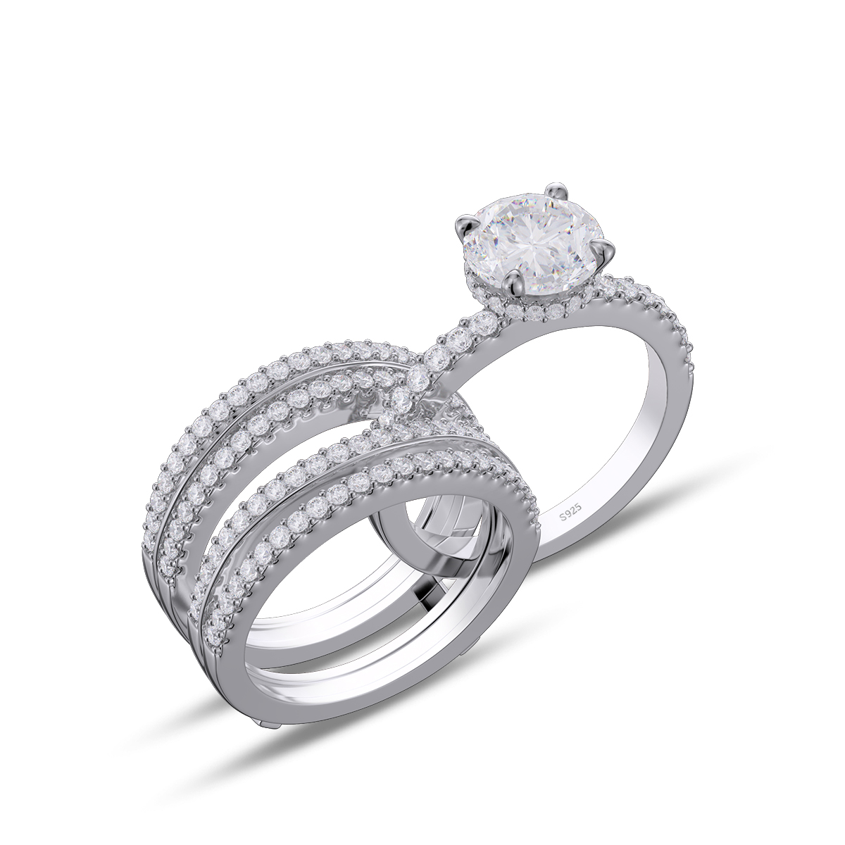 Round Cut Diamond White Insert Sterling Silver Hidden Halo Jacket Bridal Sets