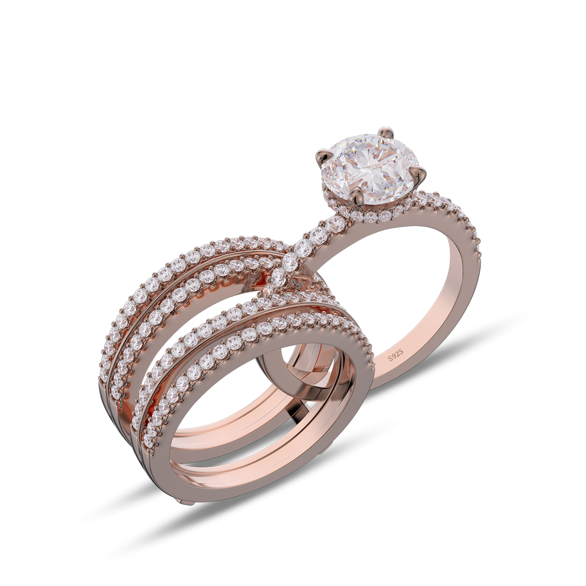 Round Cut Diamond White Insert Sterling Silver Hidden Halo Jacket Bridal Sets