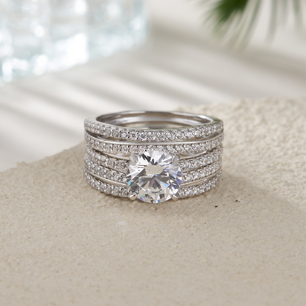 Round Cut Diamond White Insert Sterling Silver Hidden Halo Jacket Bridal Sets