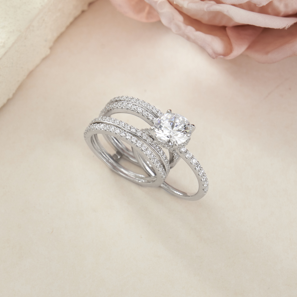 Round Cut Diamond White Insert Sterling Silver Hidden Halo Jacket Bridal Sets