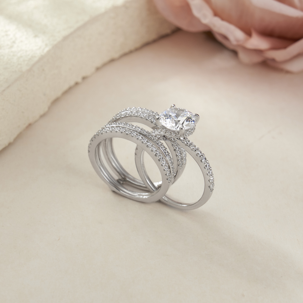 Round Cut Diamond White Insert Sterling Silver Hidden Halo Jacket Bridal Sets