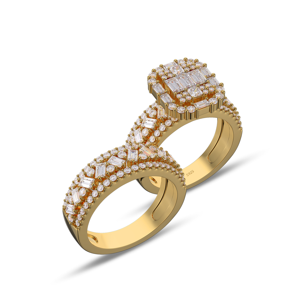 Emerald Cut Diamond Cluster White Sterling Silver Bridal Sets