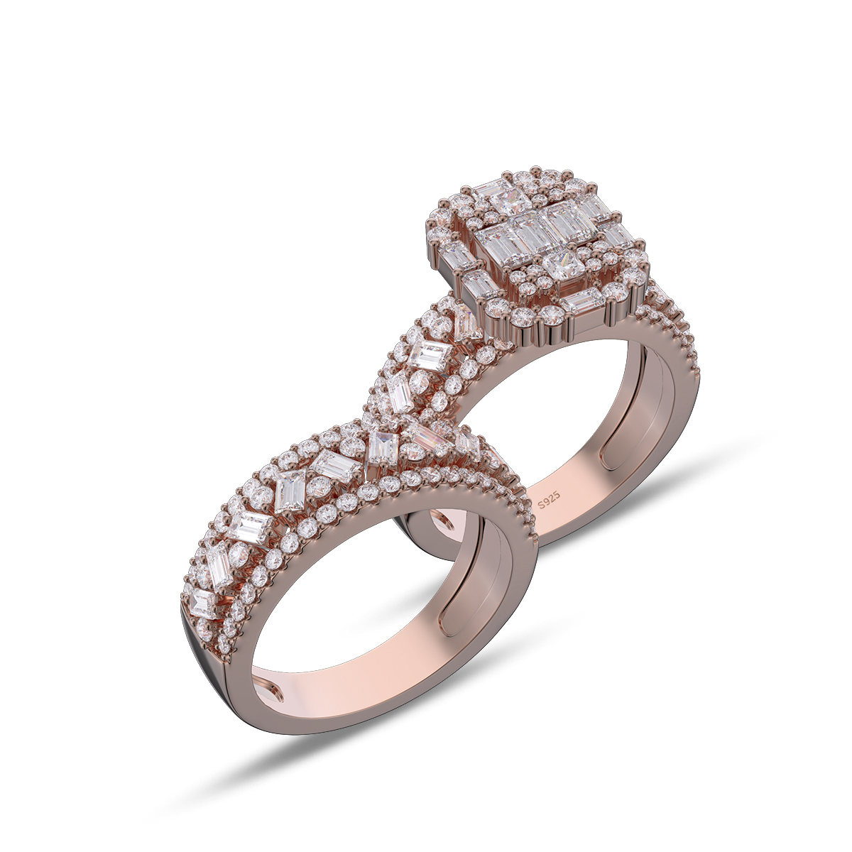 Emerald Cut Diamond Cluster White Sterling Silver Bridal Sets