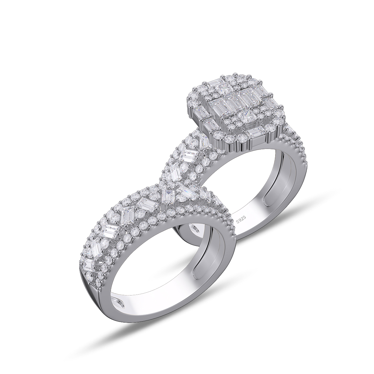 Emerald Cut Diamond Cluster White Sterling Silver Bridal Sets