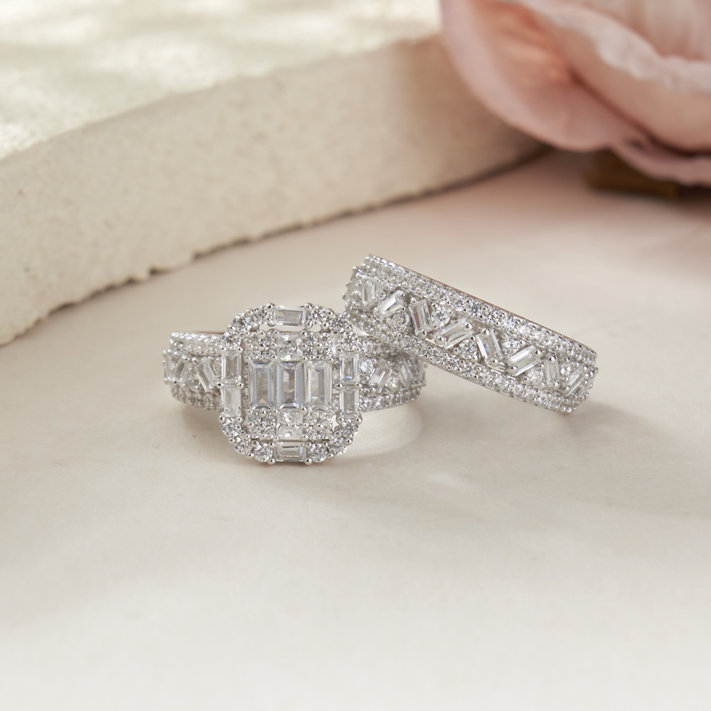 Emerald Cut Diamond Cluster White Sterling Silver Bridal Sets