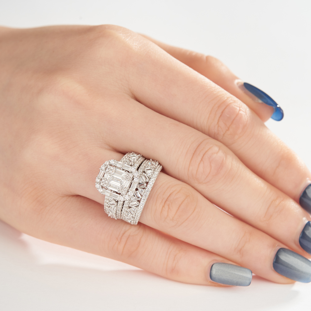 Emerald Cut Diamond Cluster White Sterling Silver Bridal Sets