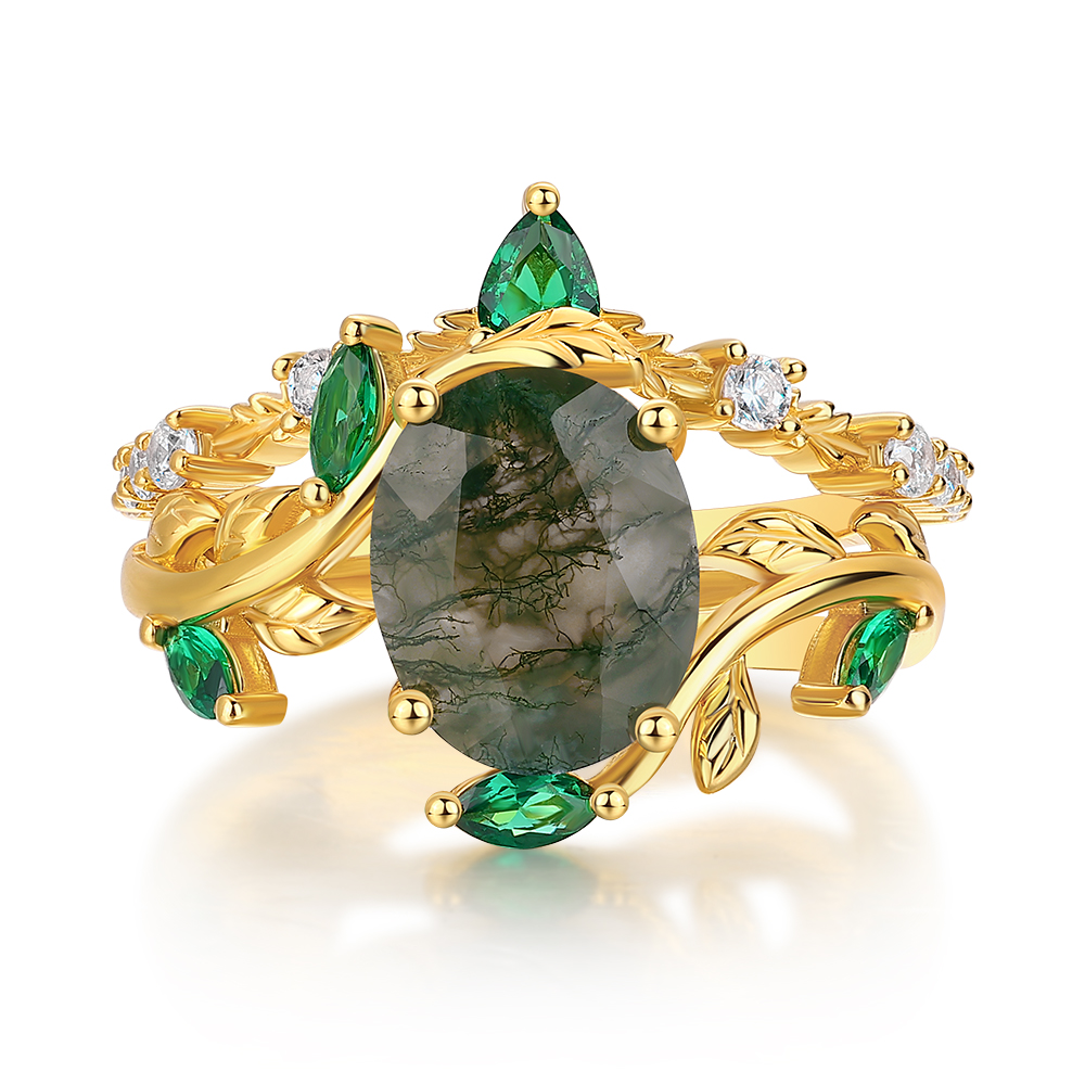 Oval Cut Green Moss Agate Nature Inspired Sterling Silver Yellow Gold Bridal Ring Set