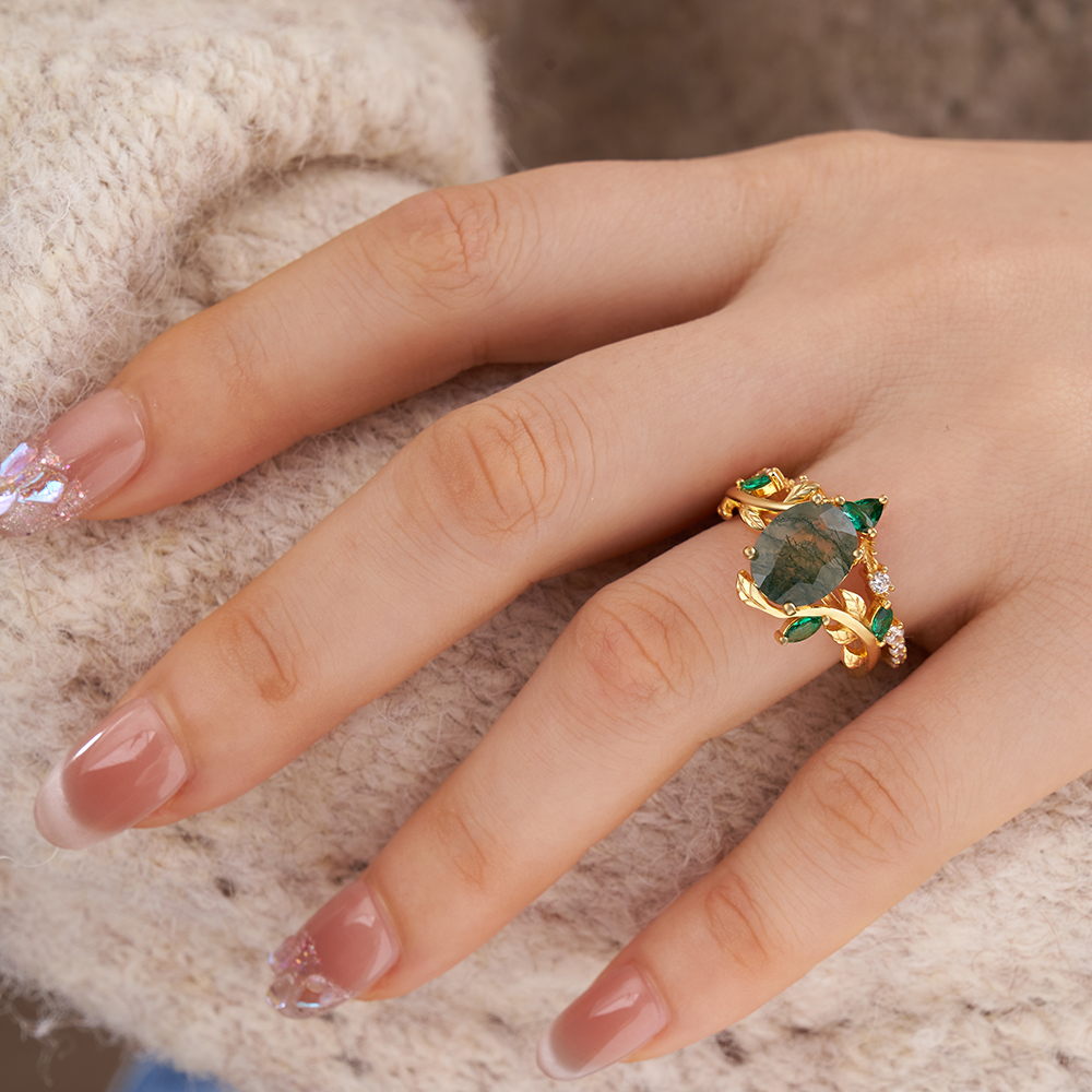 Oval Cut Green Moss Agate Nature Inspired Sterling Silver Yellow Gold Bridal Ring Set