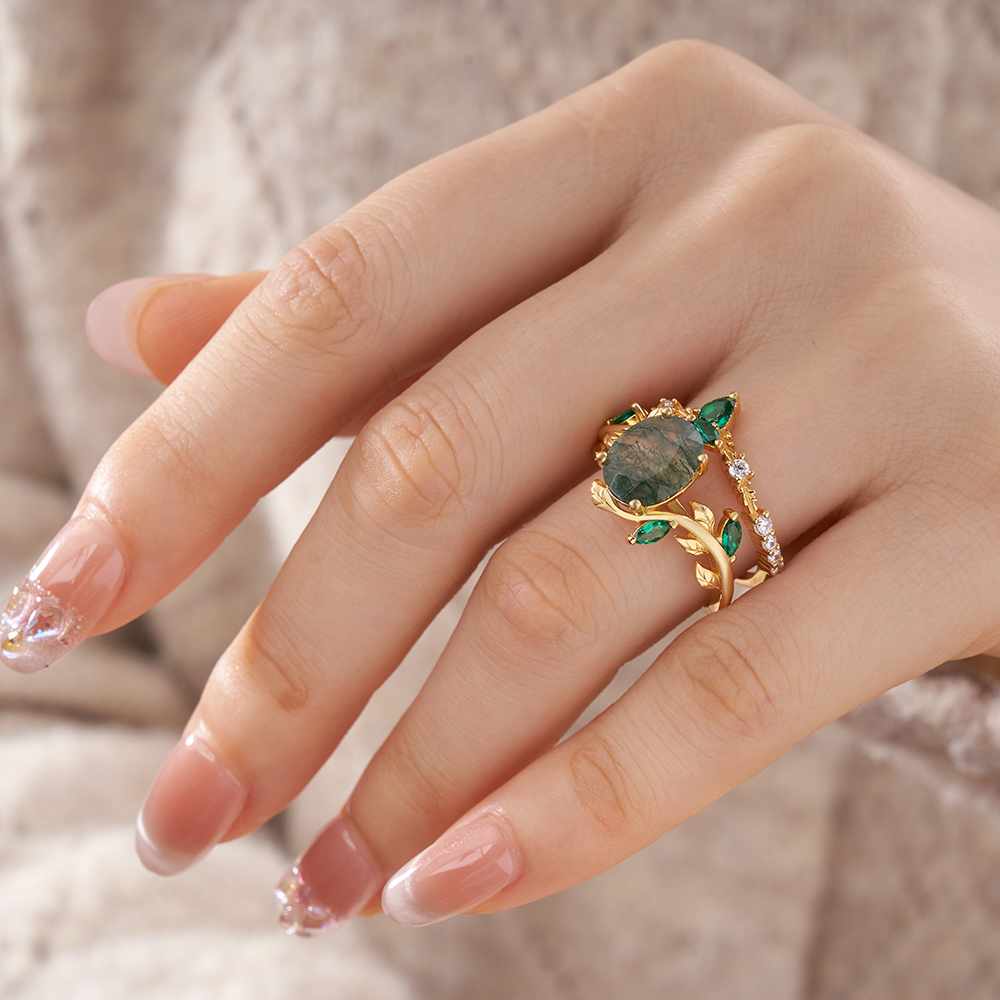 Oval Cut Green Moss Agate Nature Inspired Sterling Silver Yellow Gold Bridal Ring Set