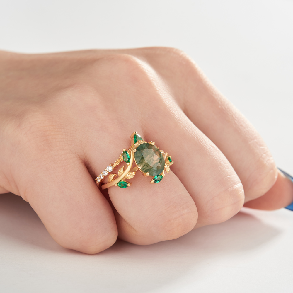 Oval Cut Green Moss Agate Nature Inspired Sterling Silver Yellow Gold Bridal Ring Set