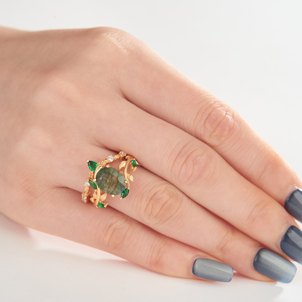 Oval Cut Green Moss Agate Nature Inspired Sterling Silver Yellow Gold Bridal Ring Set