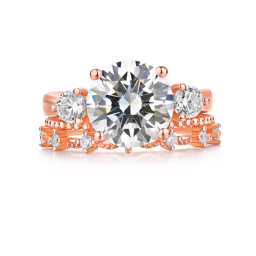 Round Cut Diamond White Sterling Silver Rose Gold 3-Stone Bridal Ring Sets