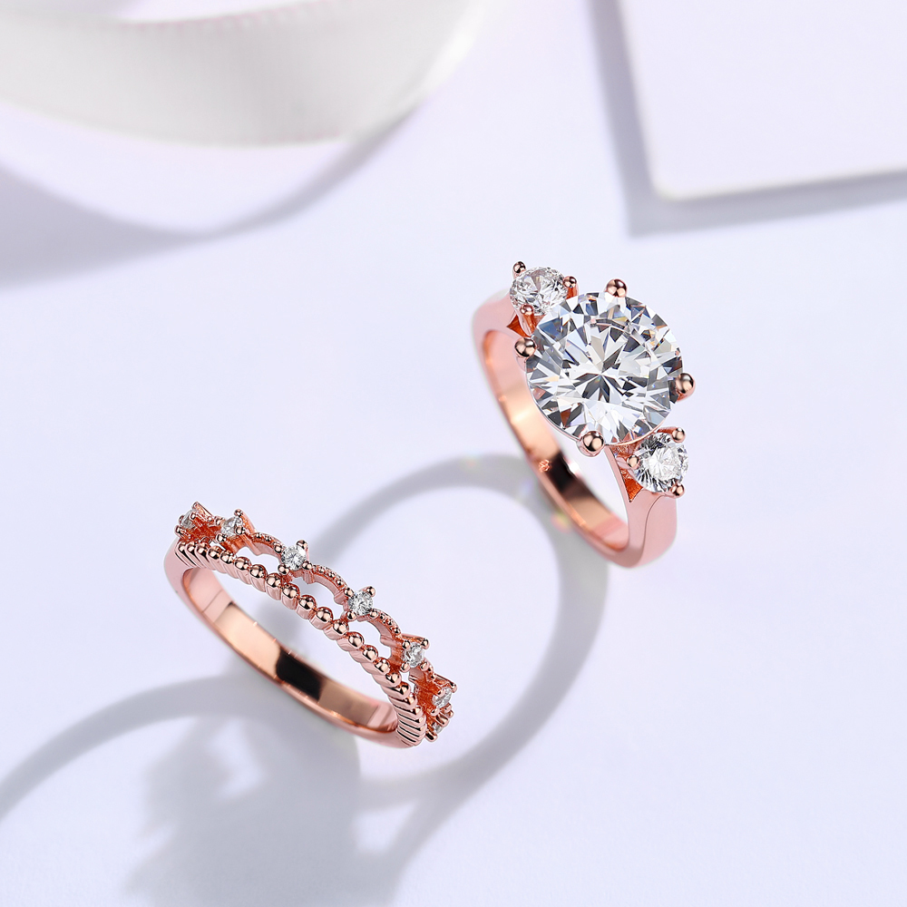 Round Cut Diamond White Sterling Silver Rose Gold 3-Stone Bridal Ring Sets