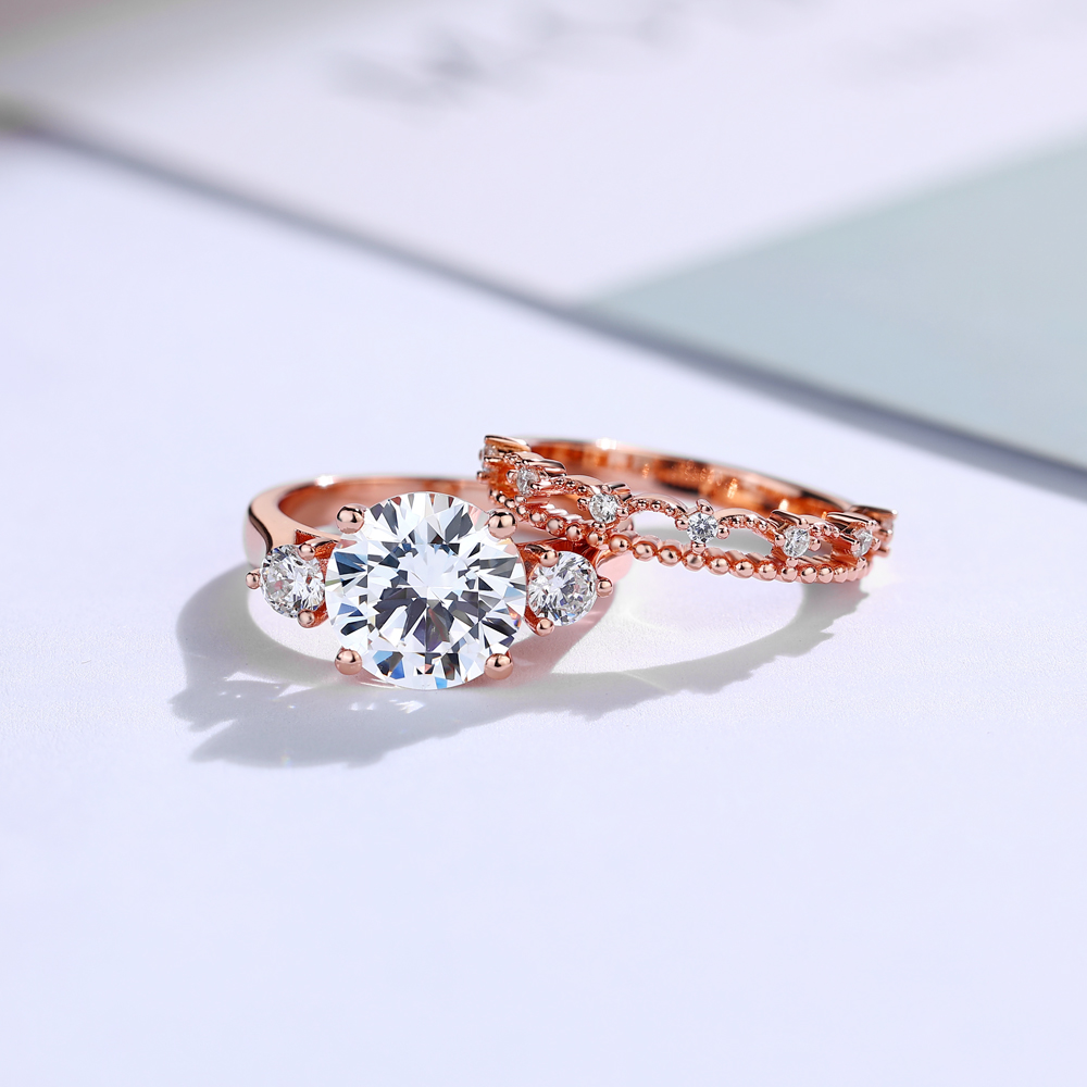 Round Cut Diamond White Sterling Silver Rose Gold 3-Stone Bridal Ring Sets