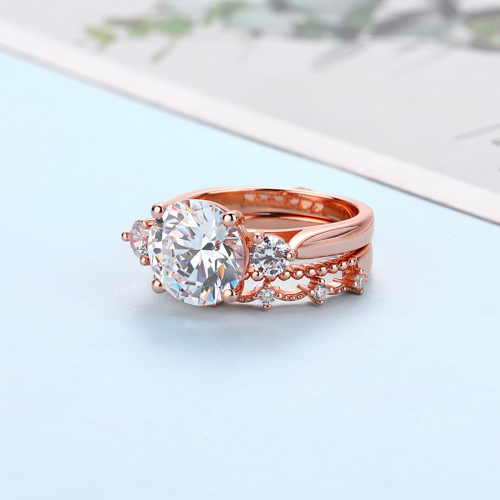 Round Cut Diamond White Sterling Silver Rose Gold 3-Stone Bridal Ring Sets