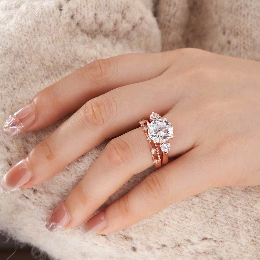 Round Cut Diamond White Sterling Silver Rose Gold 3-Stone Bridal Ring Sets