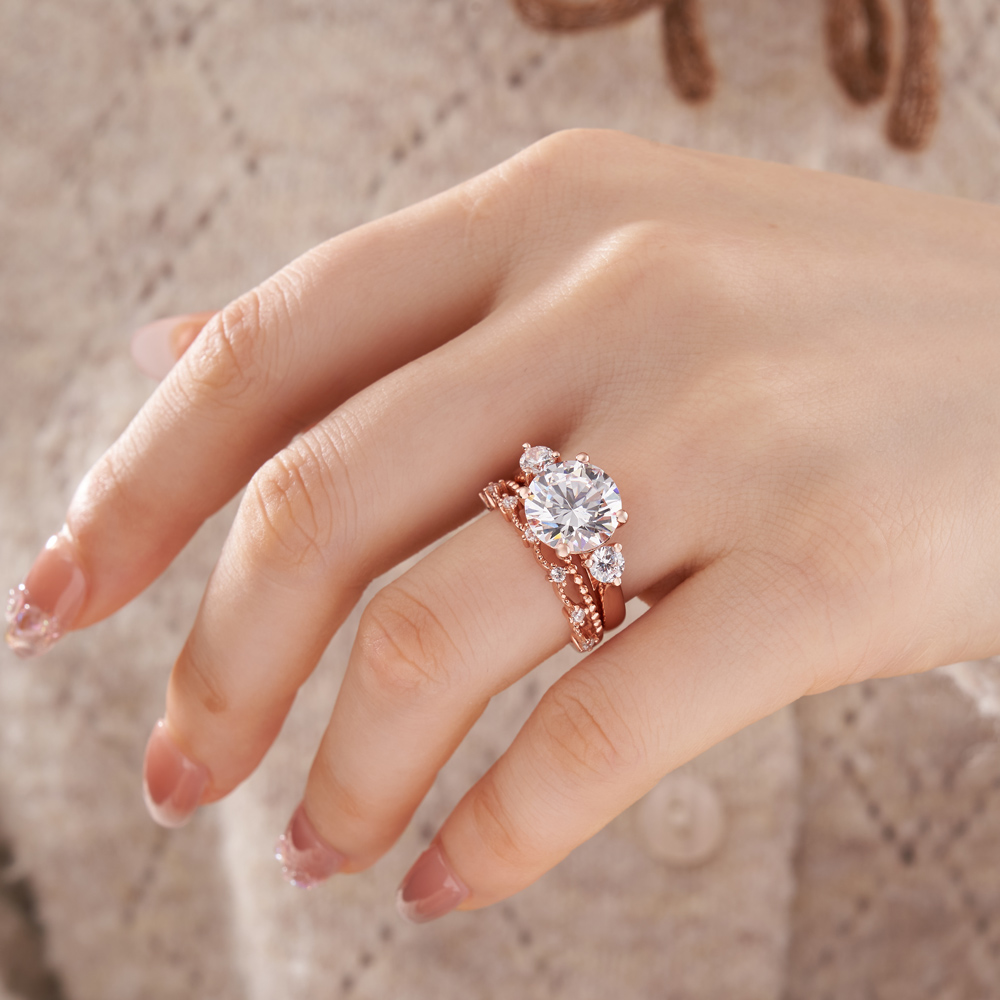 Round Cut Diamond White Sterling Silver Rose Gold 3-Stone Bridal Ring Sets