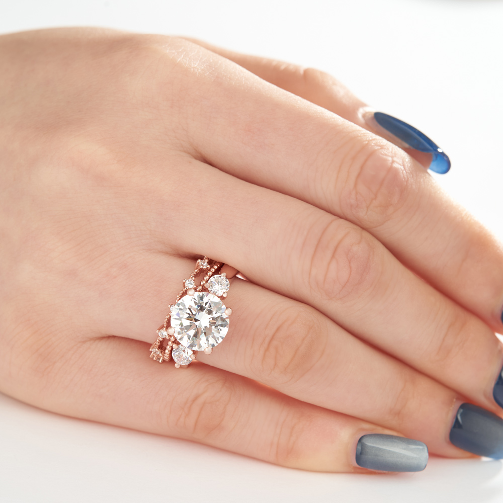 Round Cut Diamond White Sterling Silver Rose Gold 3-Stone Bridal Ring Sets