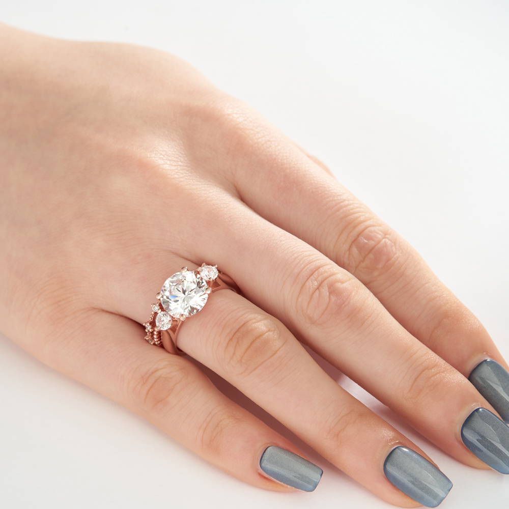 Round Cut Diamond White Sterling Silver Rose Gold 3-Stone Bridal Ring Sets