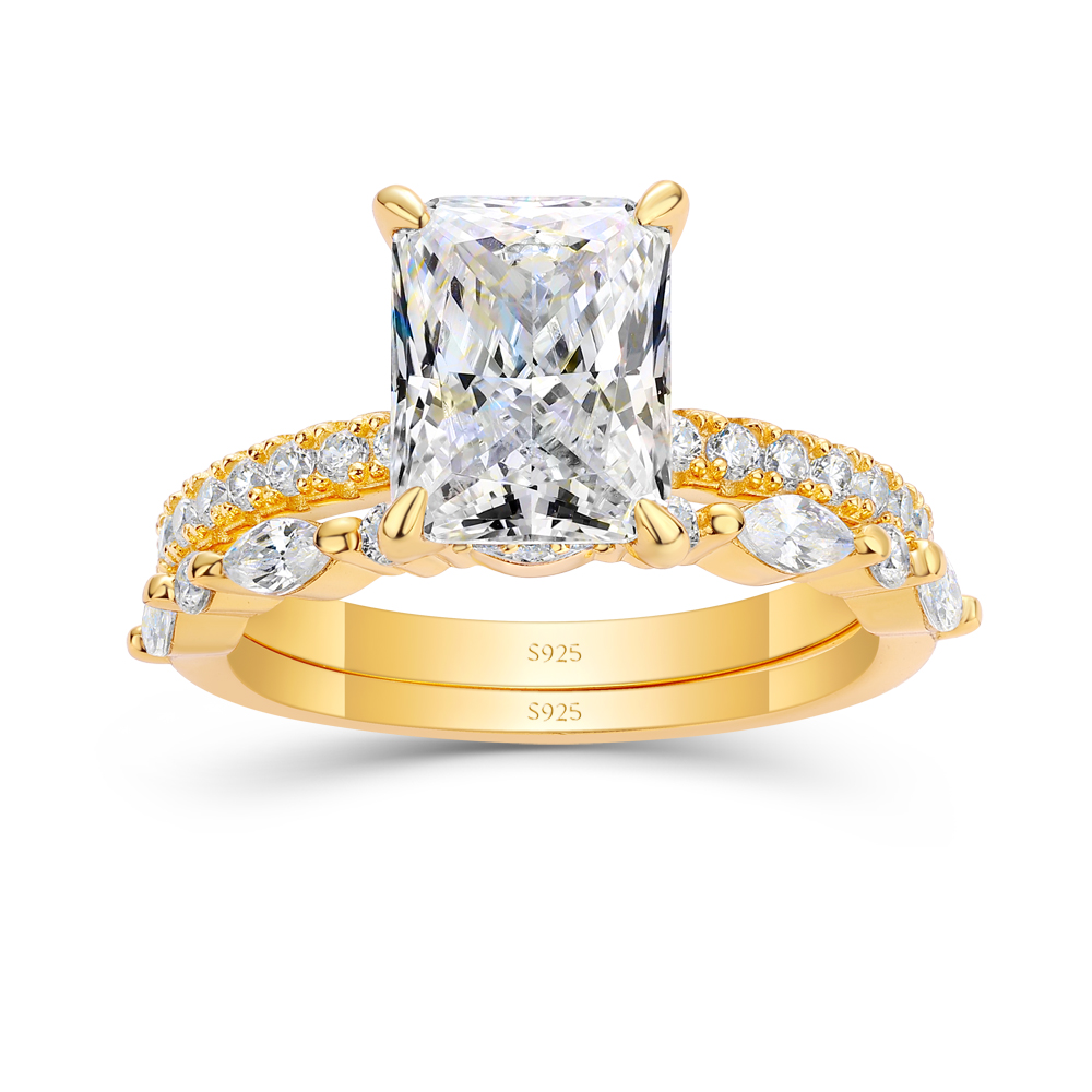 Radiant Cut Diamond White Sterling Silver Yellow Gold Bridal Ring Sets