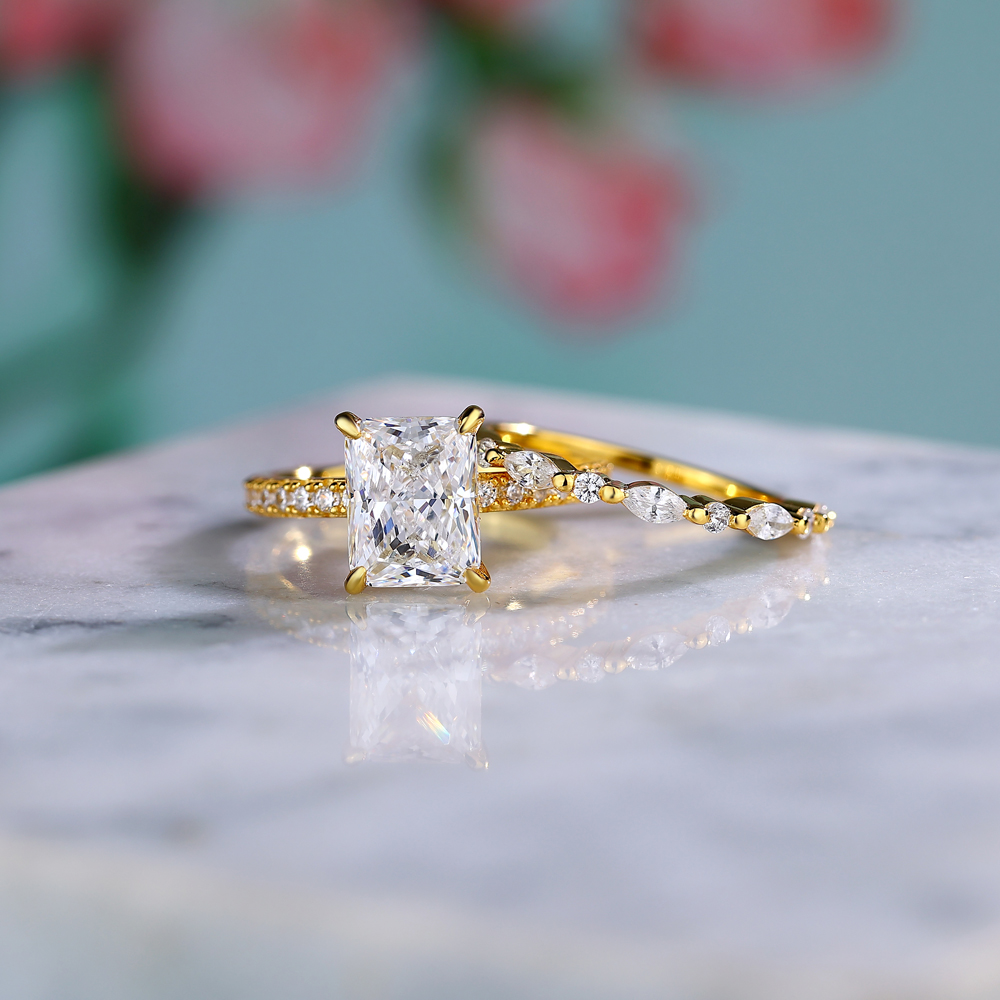 Radiant Cut Diamond White Sterling Silver Yellow Gold Bridal Ring Sets
