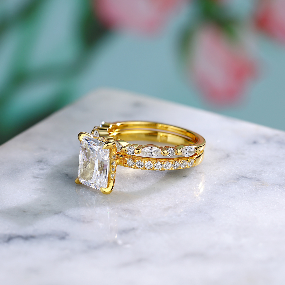 Radiant Cut Diamond White Sterling Silver Yellow Gold Bridal Ring Sets