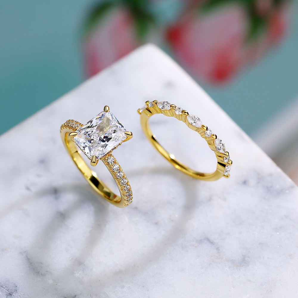 Radiant Cut Diamond White Sterling Silver Yellow Gold Bridal Ring Sets