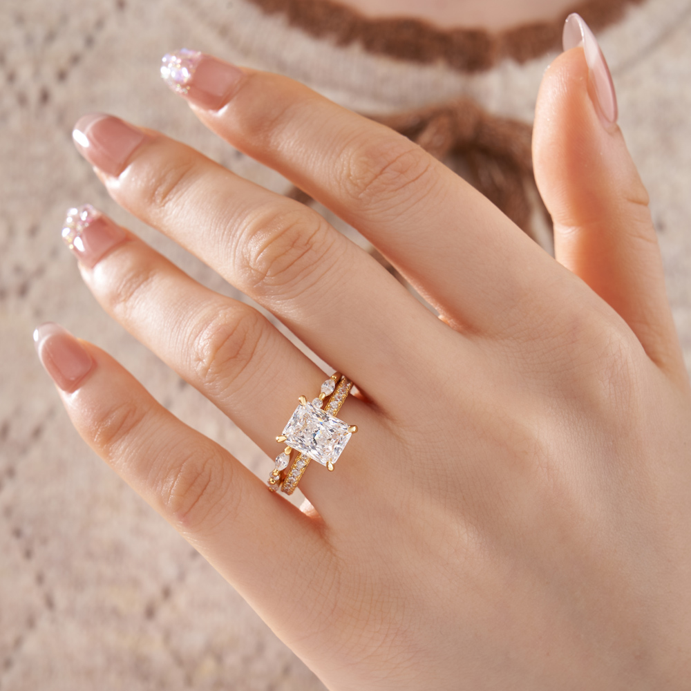 Radiant Cut Diamond White Sterling Silver Yellow Gold Bridal Ring Sets