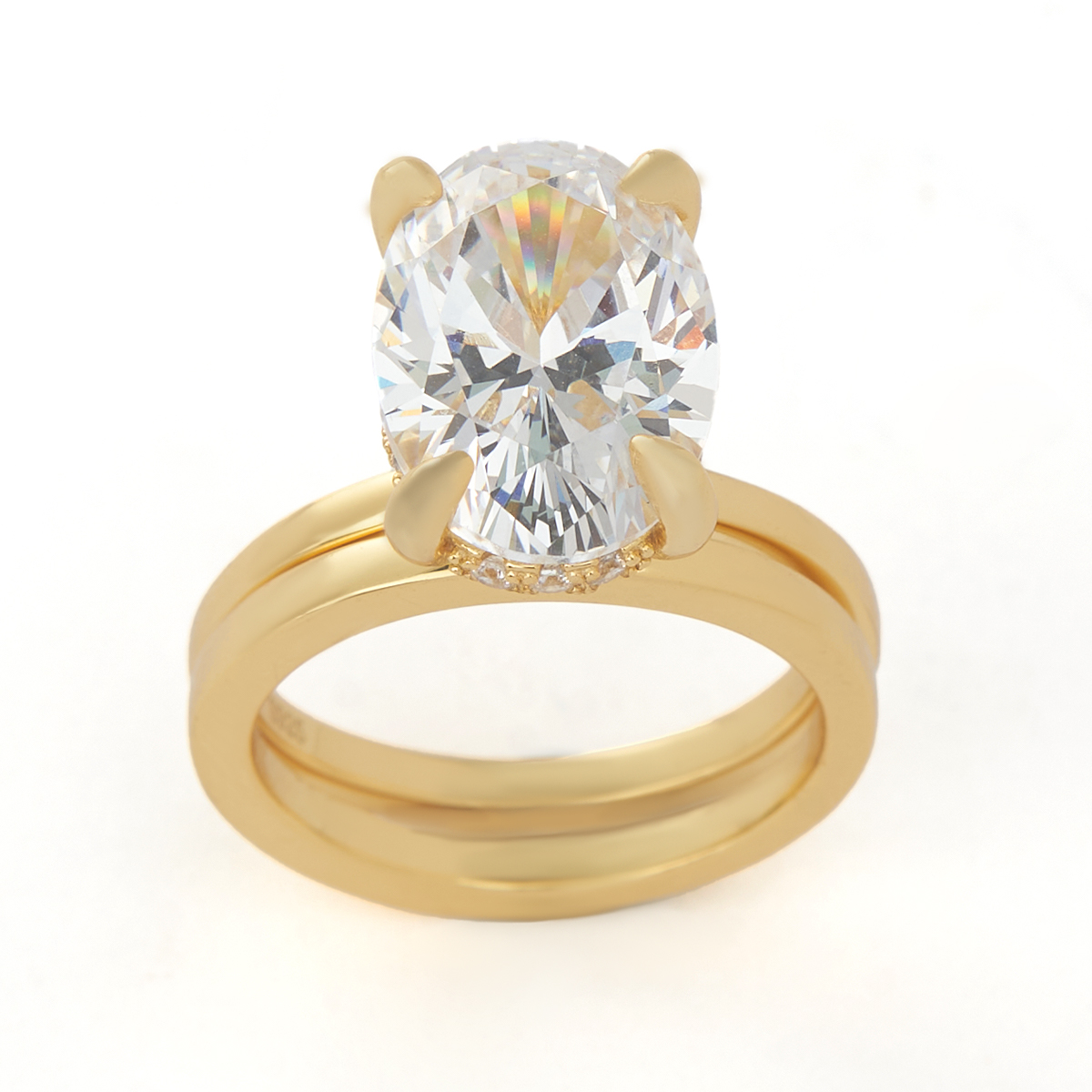 Oval Cut Diamond White Sterling Silver Yellow Gold Hidden Halo Engagement Ring