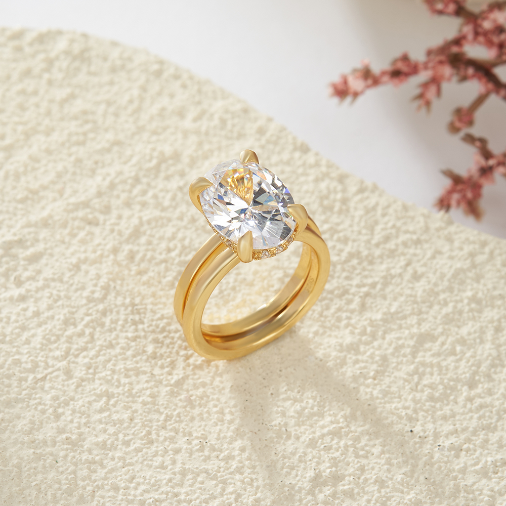 Oval Cut Diamond White Sterling Silver Yellow Gold Hidden Halo Engagement Ring