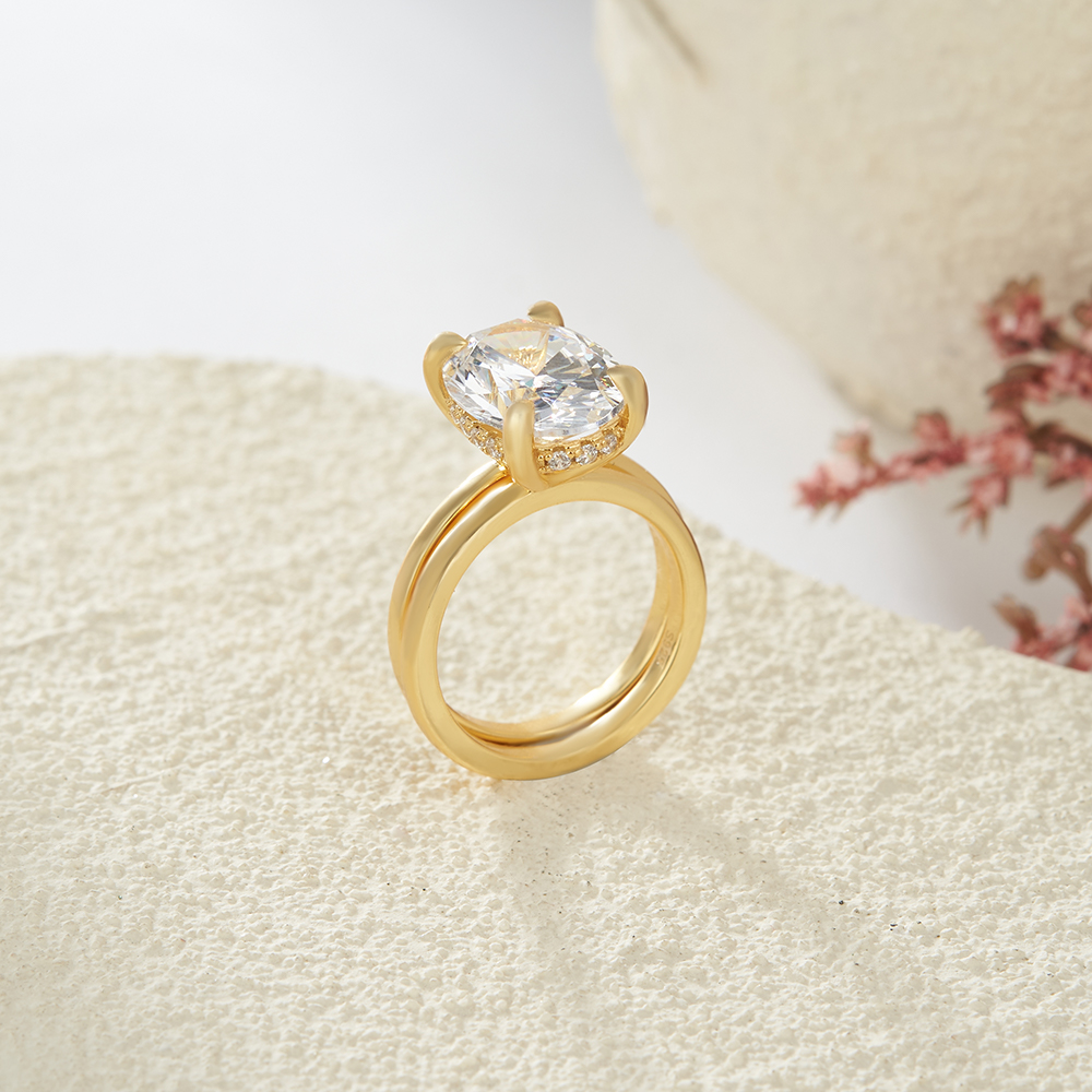 Oval Cut Diamond White Sterling Silver Yellow Gold Hidden Halo Engagement Ring