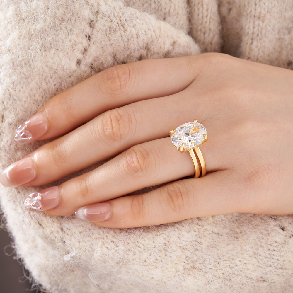 Oval Cut Diamond White Sterling Silver Yellow Gold Hidden Halo Engagement Ring