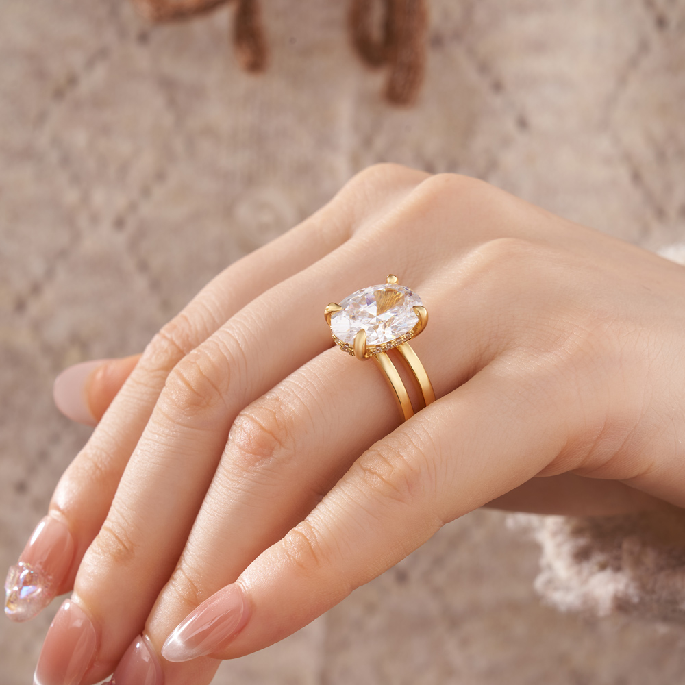 Oval Cut Diamond White Sterling Silver Yellow Gold Hidden Halo Engagement Ring