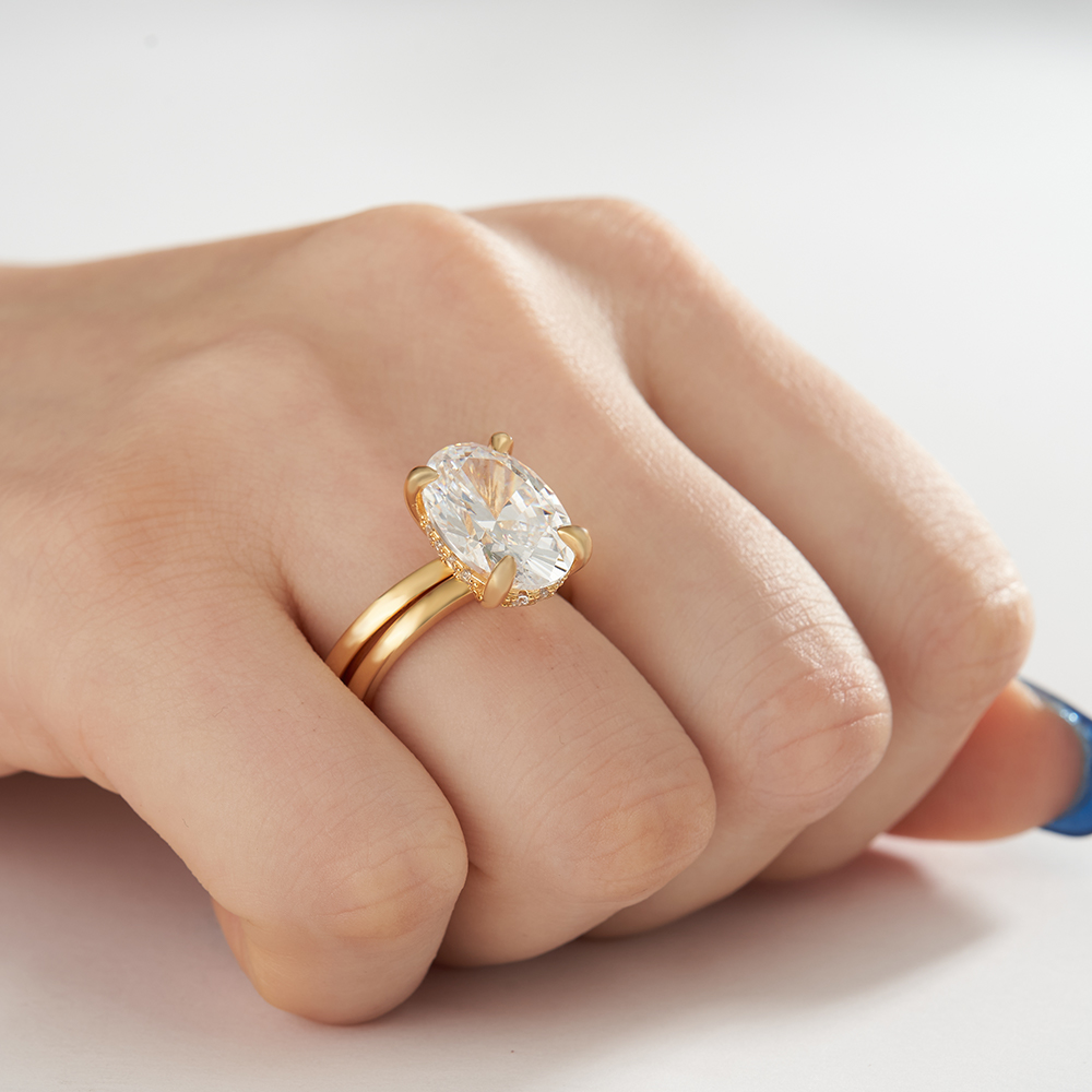 Oval Cut Diamond White Sterling Silver Yellow Gold Hidden Halo Engagement Ring