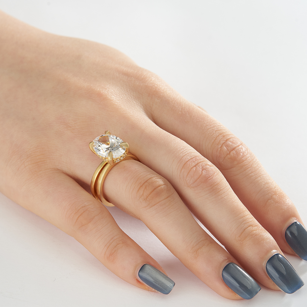 Oval Cut Diamond White Sterling Silver Yellow Gold Hidden Halo Engagement Ring