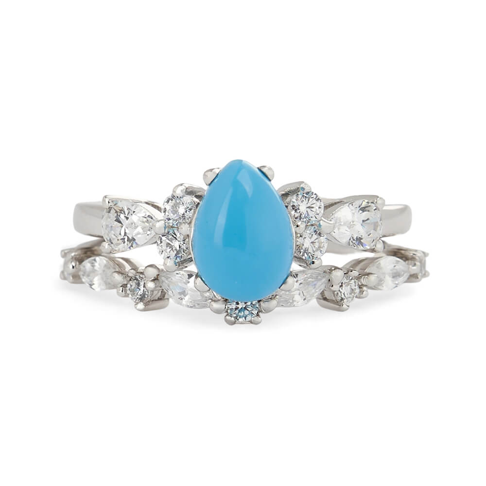 Pear Cut Turquoise-blue 925 Sterling Silver Art Deco Bridal Ring Set