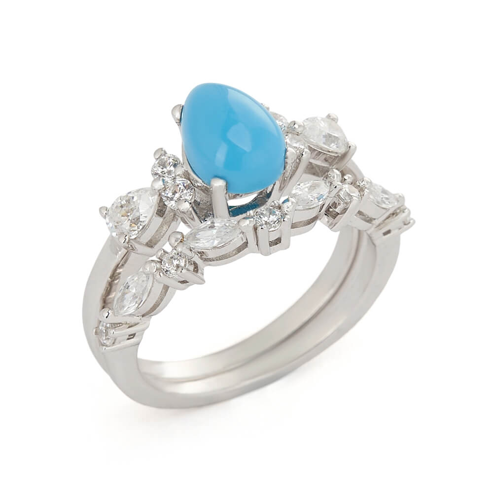 Pear Cut Turquoise-blue 925 Sterling Silver Art Deco Bridal Ring Set