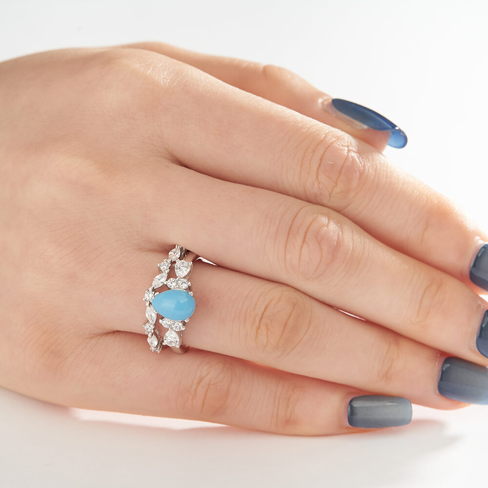 Pear Cut Turquoise-blue 925 Sterling Silver Art Deco Bridal Ring Set