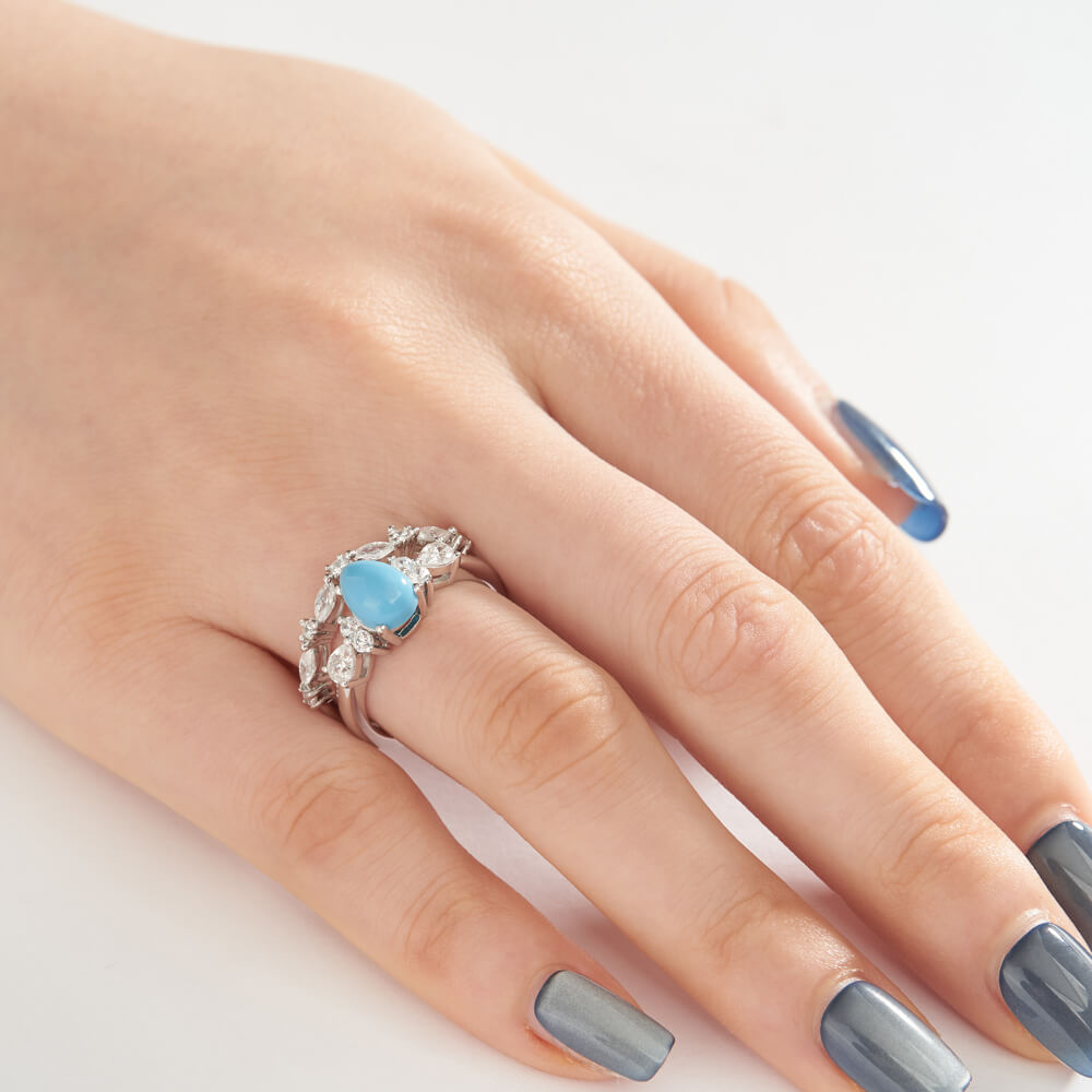 Pear Cut Turquoise-blue 925 Sterling Silver Art Deco Bridal Ring Set